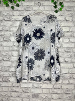 Bella Daisy Print drop shoulder cap sleeved cotton tops.