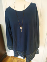 Aana round v neck top  with leopard hem and leopard wrist detail & necklace ( one size 12/14 to 16).