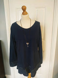 Aana round v neck top  with leopard hem and leopard wrist detail & necklace ( one size 12/14 to 16).