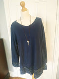 Aana round v neck top  with leopard hem and leopard wrist detail & necklace ( one size 12/14 to 16).