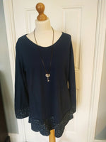 Aana round v neck top  with leopard hem and leopard wrist detail & necklace ( one size 12/14 to 16).