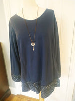 Aana round v neck top  with leopard hem and leopard wrist detail & necklace ( one size 12/14 to 16).