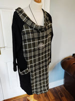 Ava cotton mix tartan cowl neck plain button back  cotton/polyester mix necklace dress. (One size 14 to 20)