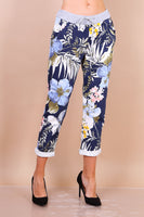 Aleese1 Made In Italy Floral Print Classy Cotton navy Joggers( smaller one size 12 to 14/16)