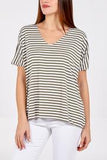 Abira nautical stripes V neck tea shirt  with silver thread edging. ( one size 16 to 24).