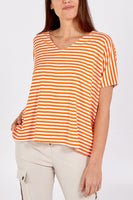 Abira nautical stripes V neck tea shirt  with silver thread edging.